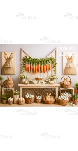 Tło fotograficzne wielkanocne z królikami, koszykami pisanek i girlandą marchewek | E572